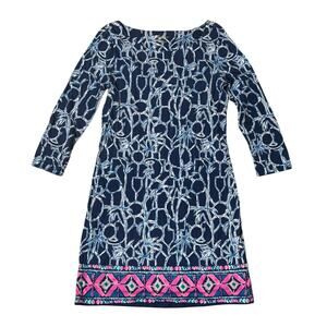 Lilly Pulitzer Bamboo Print Dress Navy Blue White Resort Vacation Keyhole Small